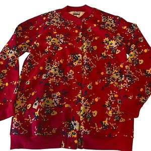 Tudor Court Vintage D72 Red and Floral Snap Soft‎ Sweatshirt Jacket Size Small